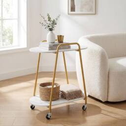 Costway 2-Tier Rolling End Table Faux Marble Side Table Couch Coffee Table in White - thumbnail 9