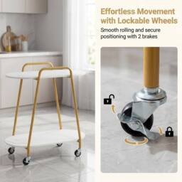 Costway 2-Tier Rolling End Table Faux Marble Side Table Couch Coffee Table in White - thumbnail 6