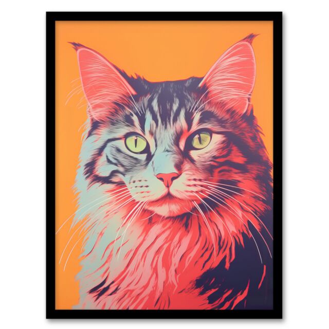 Artery8 Wall Art Print Maine Coon Cat Screen Risograph Artwork Spot Block Colour Duotone Retro Riso Interior Design Art Framed in Black - Size: A4 - image 1