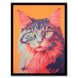 Artery8 Wall Art Print Maine Coon Cat Screen Risograph Artwork Spot Block Colour Duotone Retro Riso Interior Design Art Framed in Black - Size: A4 - thumbnail 1
