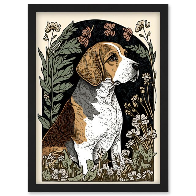Artery8 Beagle Dog with Daisies Modern Stylised Illustration Artwork Framed Wall Art Print A4 in Black - image 1