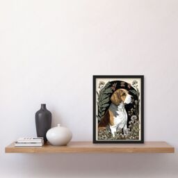 Artery8 Beagle Dog with Daisies Modern Stylised Illustration Artwork Framed Wall Art Print A4 in Black - thumbnail 2