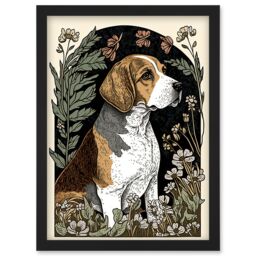 Artery8 Beagle Dog with Daisies Modern Stylised Illustration Artwork Framed Wall Art Print A4 in Black - thumbnail 1