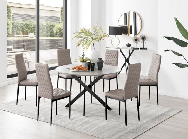 FurnitureboxUK Novara Grey Concrete Effect Black Leg 120cm Round Dining Table & 6 Milan Black Leg Chairs in Beige - image 1