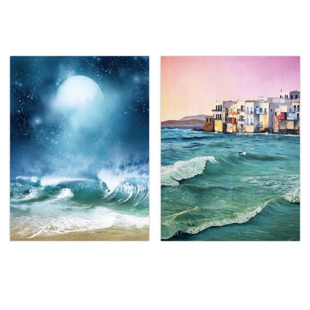 Artery8 Wall Art Print Pack of 2 A4 Sea Shore Waves Seaside Coastal Town Landscape Oil Painting Living Room s Set - image 1