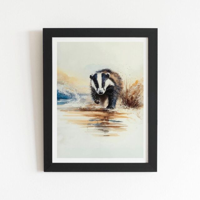"Warren Reed - Designer Wading Badger Watercolour Framed Art Print in Black - Size: W24"" x H36""" - image 1