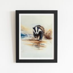"Warren Reed - Designer Wading Badger Watercolour Framed Art Print in Black - Size: W24"" x H36""" - thumbnail 2