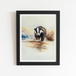 "Warren Reed - Designer Wading Badger Watercolour Framed Art Print in Black - Size: W24"" x H36""" - thumbnail 1