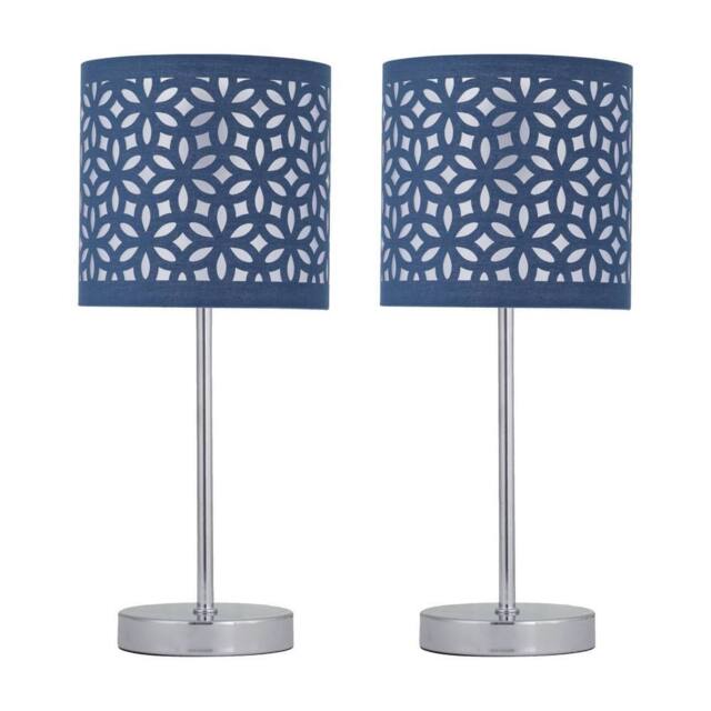 First Choice Lighting Set of 2 Chrome Touch Table Lamps with Navy Blue Cut Out Shades in Silver - image 1