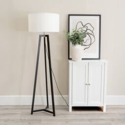 ValueLights Lottie Black Wood Tripod Floor Lamp with Fabric Drum Shade & LED Bulb in White - thumbnail 3