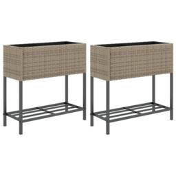 Berkfield Home Garden Planters with Shelf 2 pcs Grey 70x28x70 cm Poly Rattan - Size: 70 x 28 x 70 cm - thumbnail 2