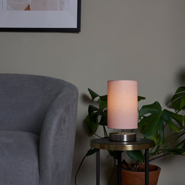 ValueLights Francis Brushed Chrome Dimmable Touch Table Lamps with Fabric Shade in Dusty Pink - image 1