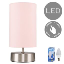 ValueLights Francis Brushed Chrome Dimmable Touch Table Lamps with Fabric Shade in Dusty Pink - thumbnail 4