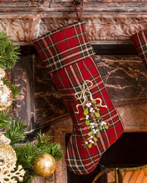 Dibor Set of 4 Mistletoe Highland Tartan Xmas Gift Christmas Stocking in Red - Size: 4 Pack - image 1