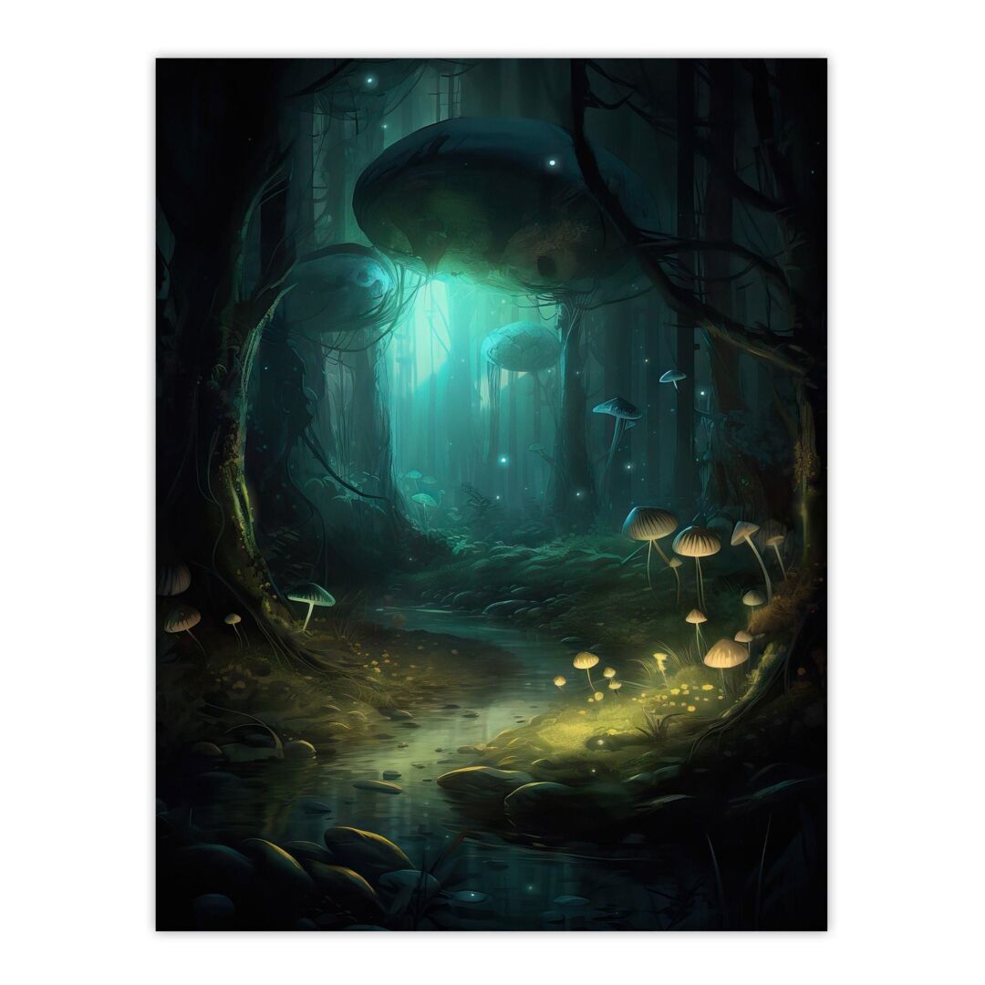 Wall Art Print Enchanted Forest With Bioluminescent Mushrooms Oil