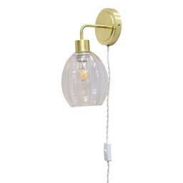 First Choice Lighting Toby - Satin Brass Plug in Wall Light with Birch Fluted Glass Shade in Gold