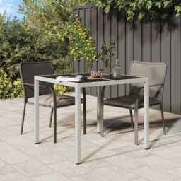 Berkfield Home Garden Table 90x90x75 cm Tempered Glass & Poly Rattan White - Size: 90 x 90 x 75 cm - thumbnail 1