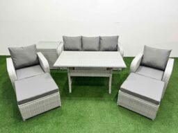 Fimous PE Rattan Garden Furniture Set Reclining Chair Sofa Lounge Sofa Set Rectangular Dining Table Side Table 2 Big Footstool Light Grey - thumbnail 1