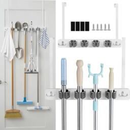 PAWNORA Over The Door Broom Mop Holder in White