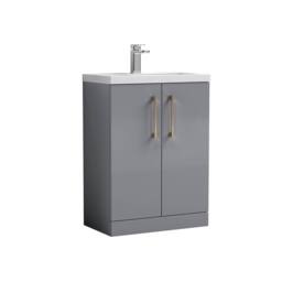 Balterley Bathroom Vanity Basin Unit, Brushed Bronze Handles, 600mm, Satin Grey