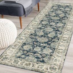 THE RUGS Perla Vintage Washable Rug - Ultra Soft Polyamide Non Slip Design in Blue - Size: 60 cm x 180 cm - thumbnail 4