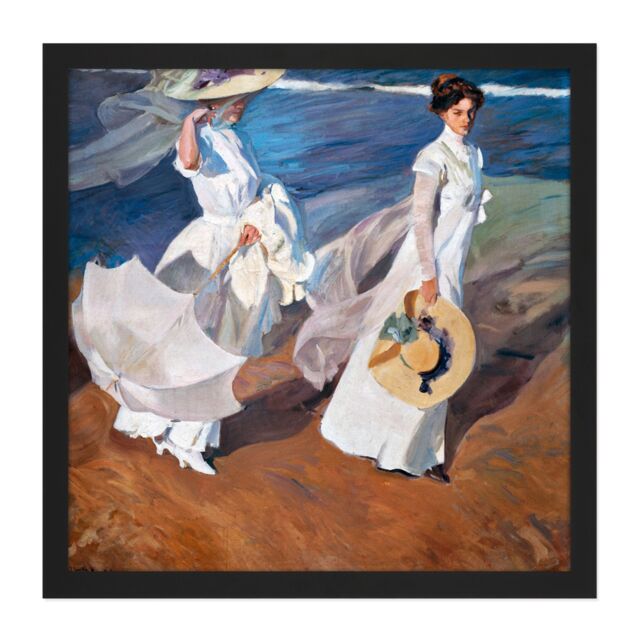 "Artery8 Wall Art Print Sorolla Strolling Along The Seashore Painting Square Framed Picture 16X16 Inch in Black - Size: W16"" x H16""" - image 1