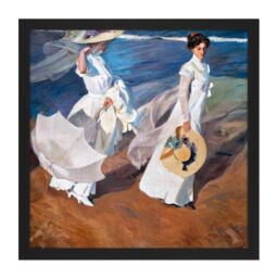 "Artery8 Wall Art Print Sorolla Strolling Along The Seashore Painting Square Framed Picture 16X16 Inch in Black - Size: W16"" x H16""" - thumbnail 1