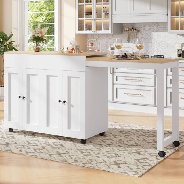 Merax Extendable Kitchen Island with Pull-out Dining Table for Dining Room in White - image 1