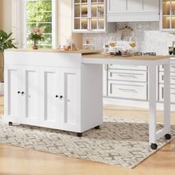Merax Extendable Kitchen Island with Pull-out Dining Table for Dining Room in White - thumbnail 1