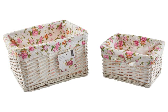 Orsina Set of 2 Willow Baskets with Floral Linings, Decorative Smart Storage Basket, Woven Picnic Basket for Fruits in White - image 1