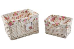 Orsina Set of 2 Willow Baskets with Floral Linings, Decorative Smart Storage Basket, Woven Picnic Basket for Fruits in White