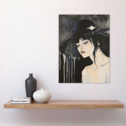 "Artery8 Beautiful Woman in Hat Painting Goth Timeless Wall Art Print in Black - Size: W12"" x H16""" - thumbnail 4