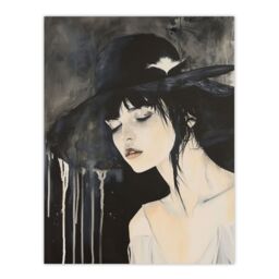 "Artery8 Beautiful Woman in Hat Painting Goth Timeless Wall Art Print in Black - Size: W12"" x H16""" - thumbnail 1