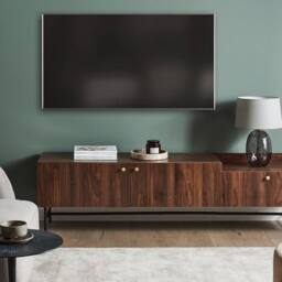 Wyld and Coco Heritage Home Dark Brown TV Stand - Metal Legs 2 Doors Central Drawer