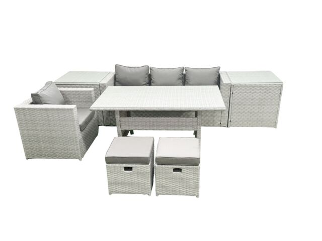 Fimous Rattan Garden Furniture Dining Set 6 Seater Lounge Sofa Chair Dining Table Set with 2 Small Footstools 2 Side Tables Light Grey Mixed - image 1