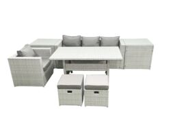 Fimous Rattan Garden Furniture Dining Set 6 Seater Lounge Sofa Chair Dining Table Set with 2 Small Footstools 2 Side Tables Light Grey Mixed - thumbnail 1