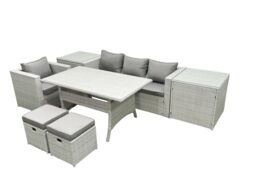 Fimous Rattan Garden Furniture Dining Set 6 Seater Lounge Sofa Chair Dining Table Set with 2 Small Footstools 2 Side Tables Light Grey Mixed - thumbnail 2