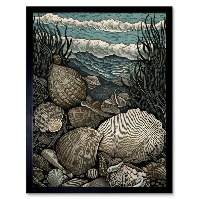 "Artery8 Wall Art Print Seashells by the Shore Modern Coastal Art Framed in Black - Size: W12"" x H16""" - image 1