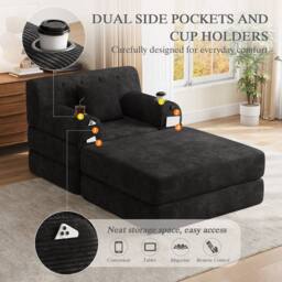 Direct Wicker Cord Convertible Sleeper Chair with Ottoman, Cup Holders & Side Pocket in Black - Size: 1 Seater - thumbnail 2