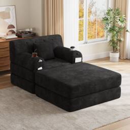Direct Wicker Cord Convertible Sleeper Chair with Ottoman, Cup Holders & Side Pocket in Black - Size: 1 Seater - thumbnail 7