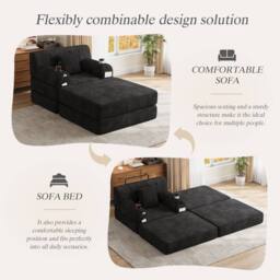 Direct Wicker Cord Convertible Sleeper Chair with Ottoman, Cup Holders & Side Pocket in Black - Size: 1 Seater - thumbnail 3