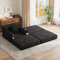 Direct Wicker Cord Convertible Sleeper Chair with Ottoman, Cup Holders & Side Pocket in Black - Size: 1 Seater