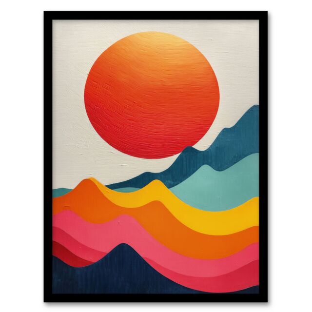 "Artery8 Wall Art Print Abstract Waves Sunset Sun Vibrant Oil Painting Art Framed Poster in Black - Size: W12"" x H16""" - image 1