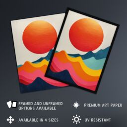 "Artery8 Wall Art Print Abstract Waves Sunset Sun Vibrant Oil Painting Art Framed Poster in Black - Size: W12"" x H16""" - thumbnail 2
