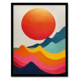 "Artery8 Wall Art Print Abstract Waves Sunset Sun Vibrant Oil Painting Art Framed Poster in Black - Size: W12"" x H16""" - thumbnail 1
