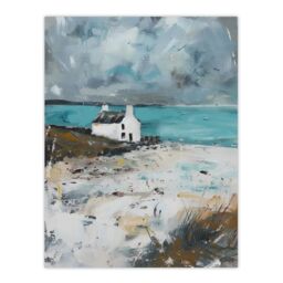 "Artery8 Timeless Scottish Cottage on Loch Oil Painting Wall Art Print in Grey - Size: W24"" x H32""" - thumbnail 1