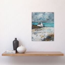 "Artery8 Timeless Scottish Cottage on Loch Oil Painting Wall Art Print in Grey - Size: W24"" x H32""" - thumbnail 4