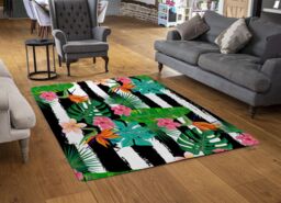 Benjamin Tate Design Tropical Plants On Black & White Stripes Rug in Natural - Size: Large - thumbnail 2