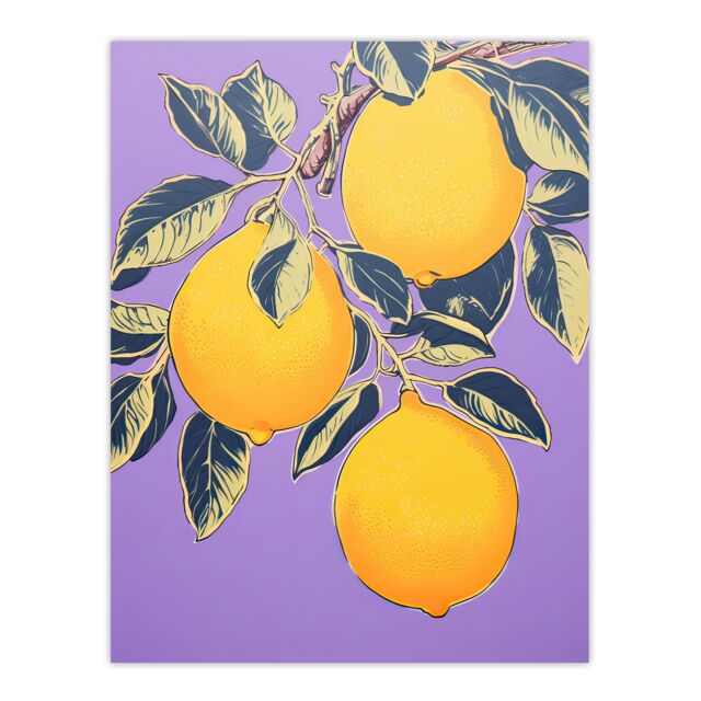 "Artery8 Wall Art Print Lemon Tree Branch Vibrant Yellow Purple Green Kitchen Artwork Poster - Size: W18"" x H24""" - image 1