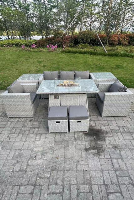 Fimous Rattan Garden Furniture Set Gas Fire Pit Lounge Sofa Chair Dining Set With 2 Side Table in Light Grey - image 1